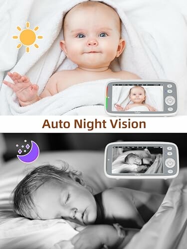 Baby with a monitor showing day and night vision.