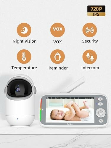 Baby monitor with camera and features like night vision, VOX, security, temperature, reminder, and intercom.