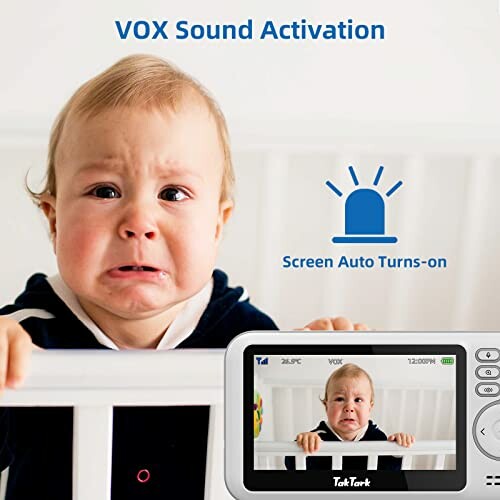 Crying baby with VOX sound activation feature on monitor screen.