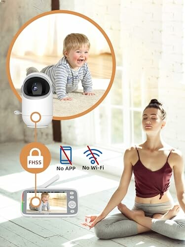 Woman doing yoga with baby monitor displaying crawling infant.