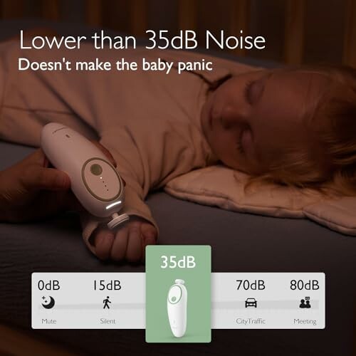 Baby sleeping peacefully with noise level chart showing 35dB.