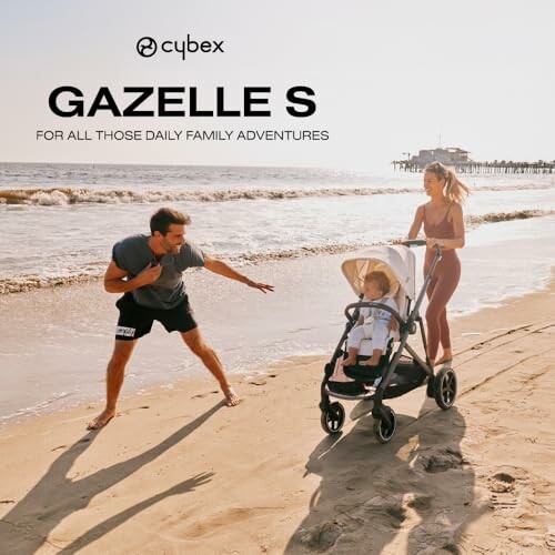 Family with stroller on beach enjoying a sunny day