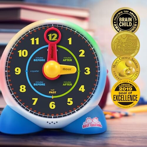 Colorful educational clock with award seals