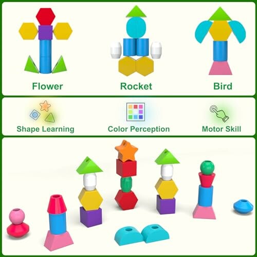 Colorful educational toy blocks arranged as flower, rocket, and bird, promoting shape learning and motor skills.