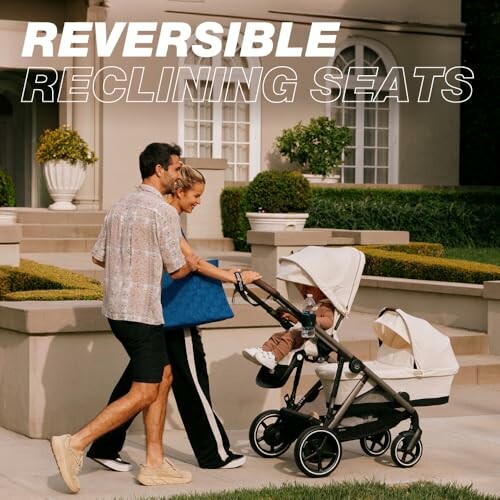 Family walking with a stroller featuring reversible reclining seats