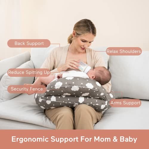 Mother using a feeding pillow for ergonomic support while bottle-feeding baby.