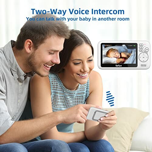 Parents using a two-way voice intercom to monitor a sleeping baby.