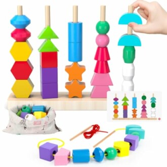 Colorful wooden educational toy set with stacking shapes and threading beads.